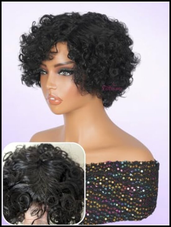 100% Human Hair Short Curly Pixie Cut Glueless Wig for Women Wear and Go